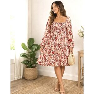 NWT Old Navy Sz L Fit & Flare Knee Length Dress Pink Floral Long Sleeve Coquette